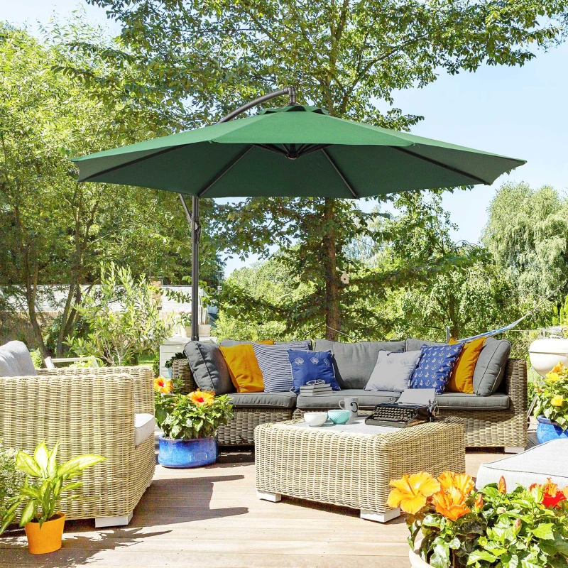 Outsunny 9.7ft Offset Patio UmbrellaCantilever Parasol with Crank Handle, 8 Ribs and Cross Base for Outdoor, Sun Shade, Green