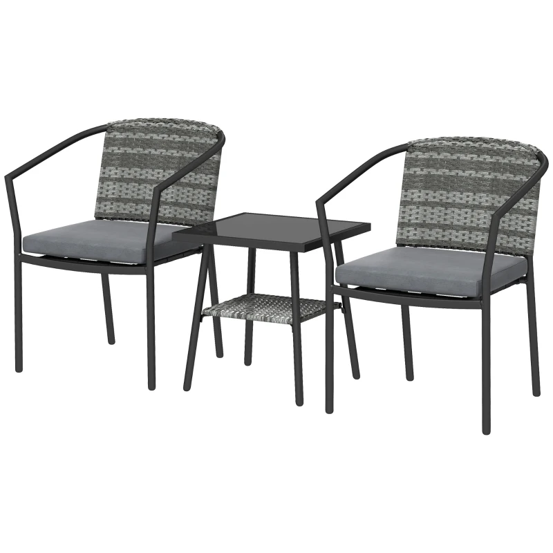 Outsunny Outdoor Bistro Set, 3 Piece Wicker Patio Furniture Set with Armchairs, 2-Tier Glass Table, Cushions, Dark Grey