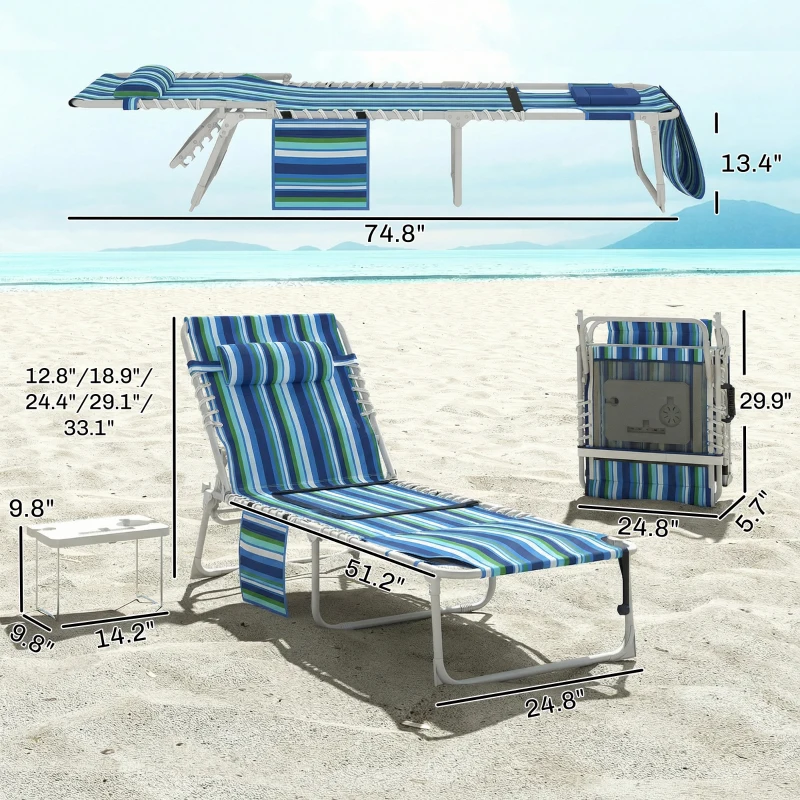 Outsunny Tanning Chair Set of 2 with Face Hole and Side Table, 5-Position Folding Outdoor Chaise Lounge Chair, Blue Stripe