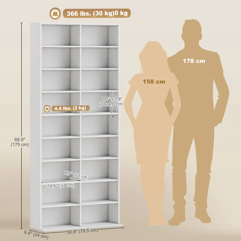 HOMCOM 9-Tier DVD Shelf with 18 Compartments and 14 Adjustable Shelves, Holds 640 CDs, 360 DVDs or 430 Blu-rays, White