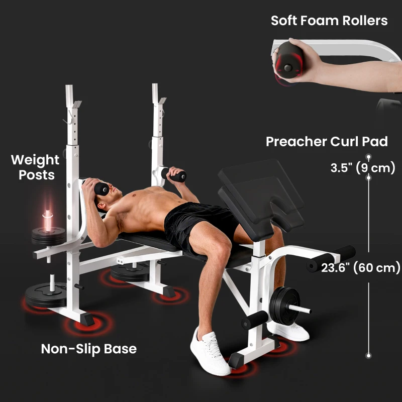 Soozier Bench Press Set Adjustable Weight Bench with Squat Rack, Preacher Curl Pad, Leg Developer and Weight Storage, White
