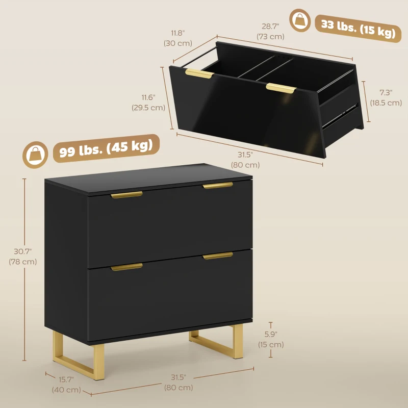 HOMCOM Lateral File Cabinet with 2 Drawers, Modern Filing Cabinet for Letter/A4/Legal Size Files, High Gloss Black