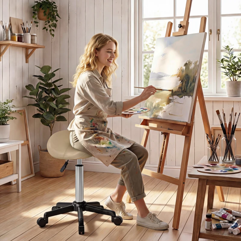 HOMCOM Rolling Salon Stool, PU Leather Swivel Saddle Chair, Adjustable Height Stool with Wheels for Spa, Salon, Office, Brown