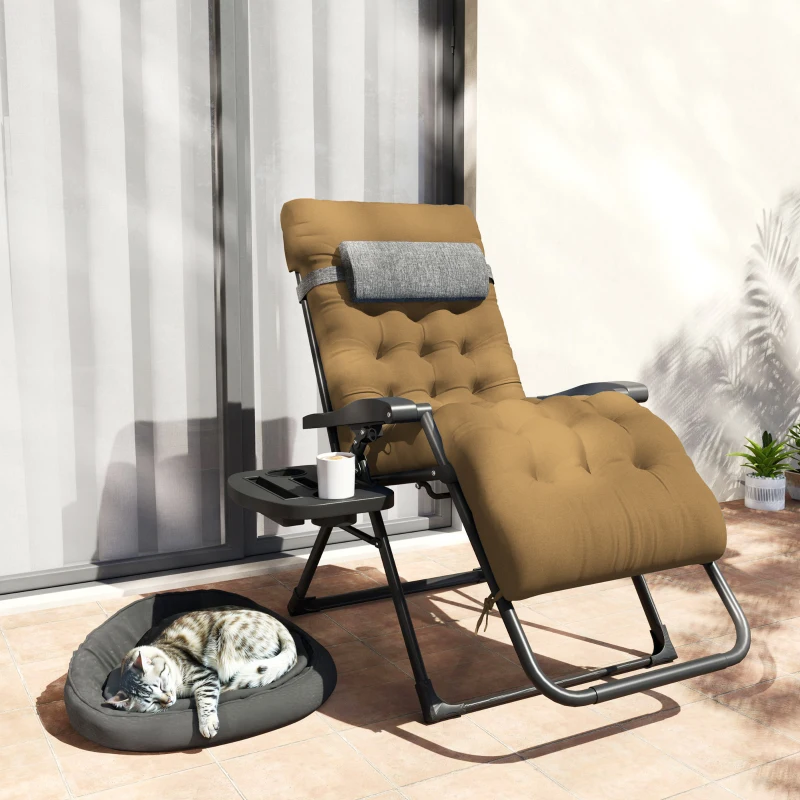 Outsunny Padded Folding Recliner Chair, Patio Lounger with Cupholder, Adjustable Backrest, Removable Cushion, Light Khaki