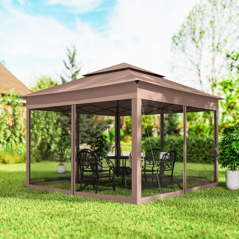 Outsunny Outdoor Patio Pop Up Canopy Gazebo Shelter with Zipper Netting, Carry Bag, 11' x 11', Brown