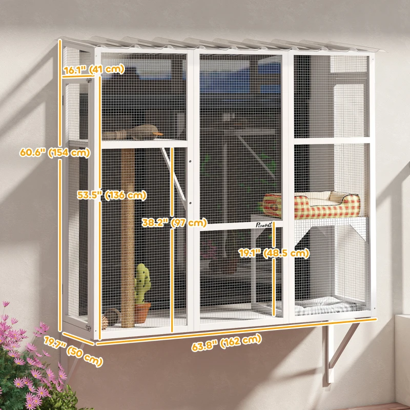 PawHut Wooden Catio Outdoor, Cat Window Box Enclosure for 2-3 Large Cats with 2 Jumping Platforms & Scratching Post, White