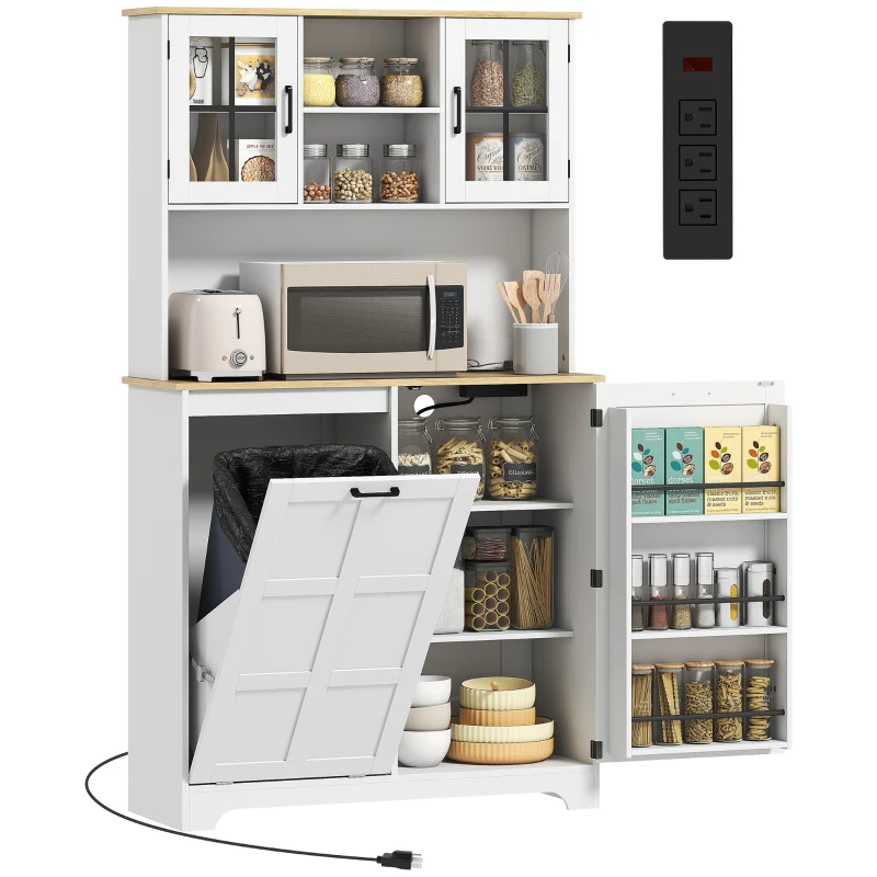 HOMCOM Kitchen Pantry Cabinet with Charging Station, 7 Gallon Trash Can Cabinet, Adjustable Shelves and Acrylic Doors, White