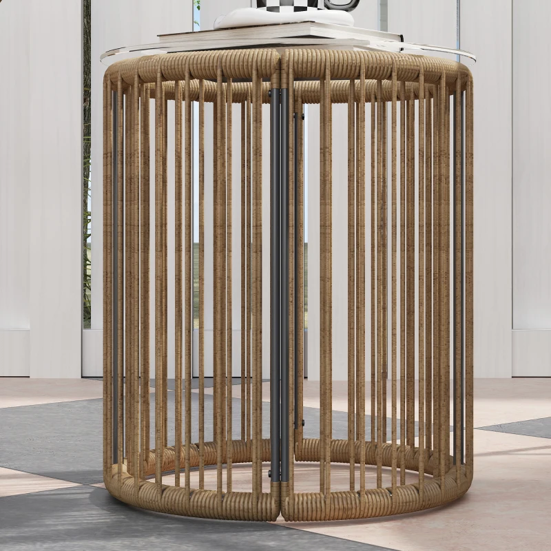 Outsunny Outdoor Bistro Set, 3 Piece Wicker Patio Furniture Set with 2 Chairs and Glass-Top Table, Natural Wood