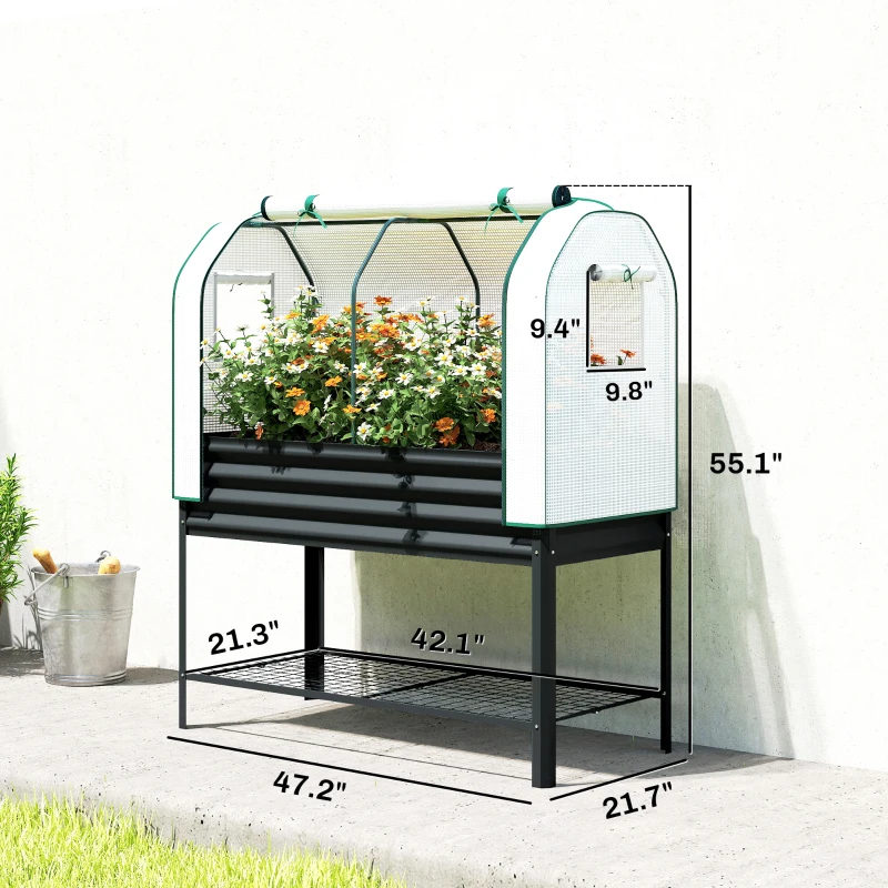 Outsunny Galvanised Raised Garden Bed with Greenhouse Cover, Metal Elevated Garden Bed with Bed Liner, Bottom Shelf, Black