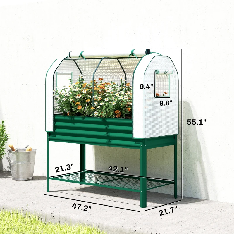 Outsunny Galvanised Raised Garden Bed with Greenhouse Cover, Metal Elevated Garden Bed with Bed Liner, Bottom Shelf, Green