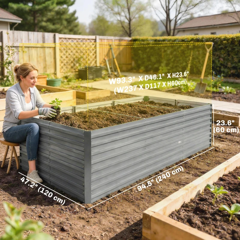 Outsunny 8' x 4' x 2' Raised Garden Bed, Galvanized Planter Box for Growing Flowers, Herbs and Vegetables, Light Grey