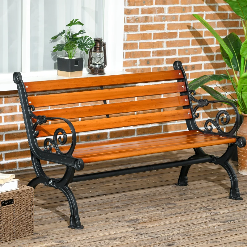 Outsunny 47 Inch Outdoor Garden Bench, Patio Loveseat with Unique Armrests, Slatted Seat Back, 528 lbs. Capacity, Teak Colour