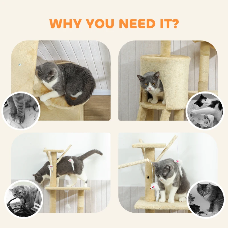 PawHut 53" Cat Tree Tower, Kitten Activity Centre with Scratching Posts, Condo, Perches, Ladder, Hammock, Dangling Toys, Beige