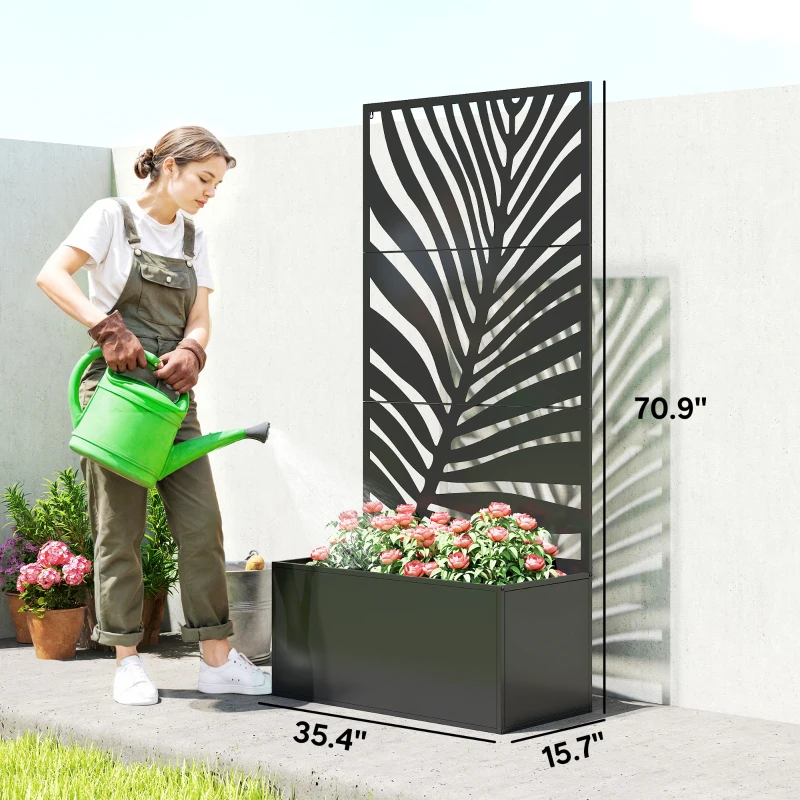Outsunny Metal Planter Box with Trellis, Raised Garden Bed with Trellis Large Leaf Cut-Out Privacy Screen for Climbing Plants