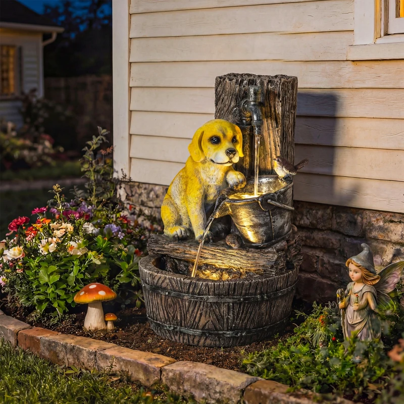 Outsunny 22" Outdoor Fountain with 3-Tier Puppy Theme, Resin Garden Fountain with LED Lights, Adjustable Flow, Rustic Brown