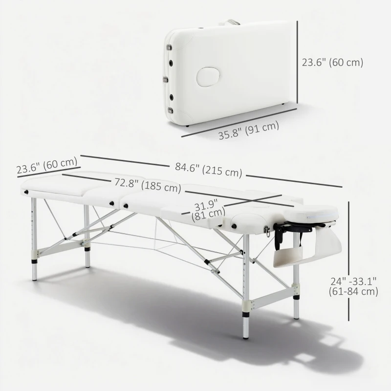 HOMCOM 85" 3 Section Foldable Massage Table Professional Salon Spa Facial Couch Bed (White)