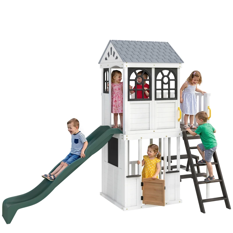 Qaba Two-Story Outdoor Playhouse, Wooden Kids Playhouse with Slide, Table & Bench, Play Kitchen, Ladder, Blackboard, White