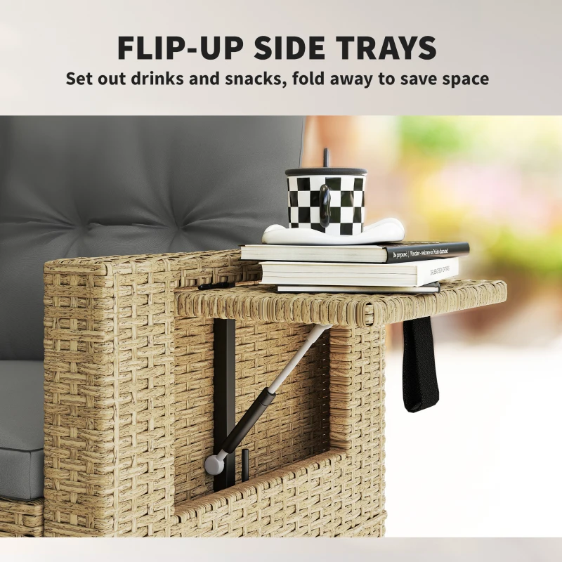 Outsunny Wicker Outdoor Sofa with Side Trays, Rattan Patio Loveseat with Cushions for Garden Balcony, Light Grey