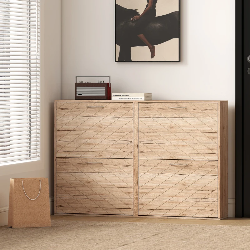 HOMCOM Shoe Storage Cabinet with 4 Flip Drawers, Narrow and Slim, 12-20 Pair of Shoes Organizer for Hallway, Entryway, Oak