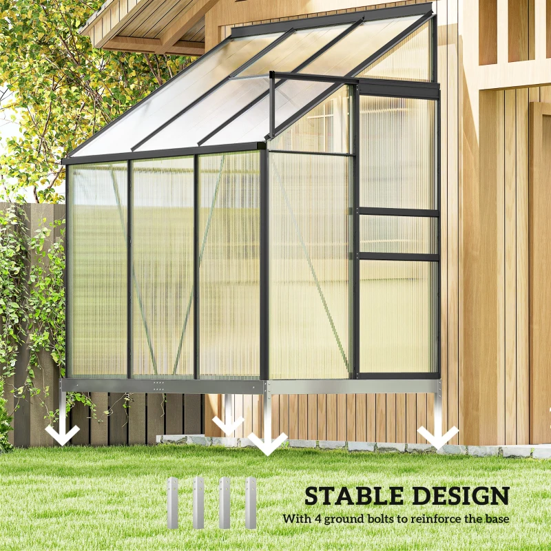 Outsunny Aluminum Lean-to Greenhouse Polycarbonate Walk-in Greenhouse with Rain Gutter and Sliding Door, 6' x 4', Dark Grey