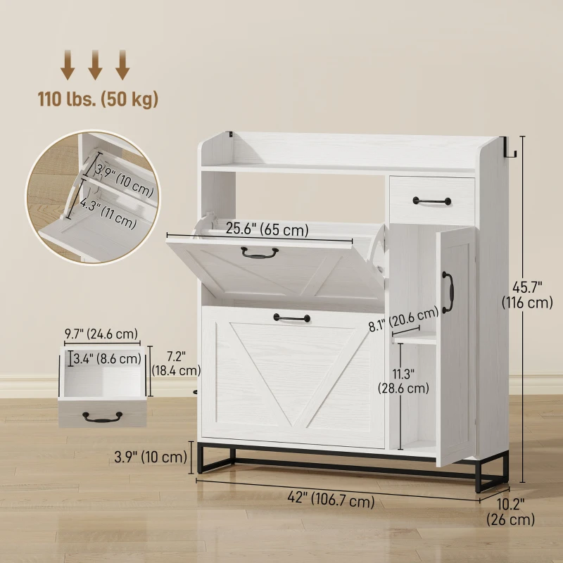 HOMCOM Farmhouse Shoe Storage Cabinet with Side Cabinet and Adjustable Shelves for Entryway, Hallway, Holds 12 Pairs, White