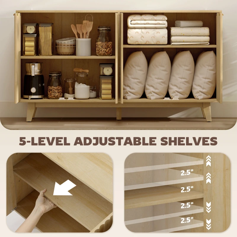 HOMCOM Fluted Sideboard Buffet Cabinet, 55" Coffee Bar Cabinet with 4 Doors, 2 Adjustable Shelves, 5 Wood Legs, Nature Wood