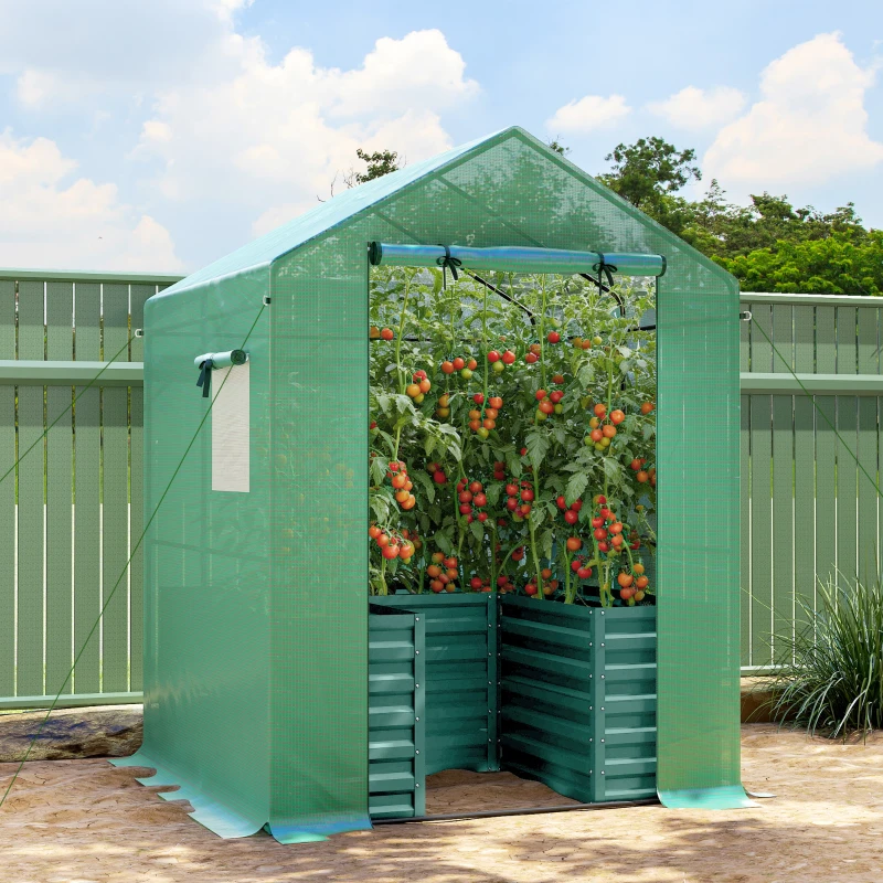 Outsunny Greenhouse with Raised Garden Bed, Galvanized Steel Outdoor Greenhouse with Roll Up Door, 56" x 56" x 75", Green