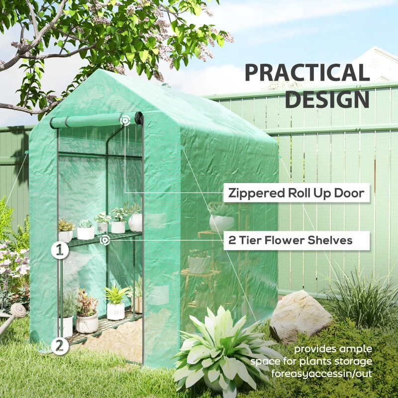Outsunny Walk-in Greenhouse Outdoor Portable Plant Flower Growth Warm House with Roll-up Door, 73" x 47" x 75", Green