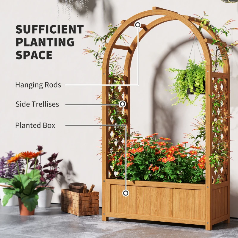 Outsunny Wooden Raised Garden Bed with Arch Trellis, 33" x 14" x 57" Raised Planter Box with Drainage Holes, Trellis Planter for Vine Climbing Plants
