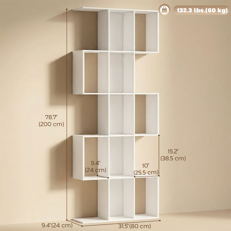 HOMCOM 5-Tier Bookshelf, S Shaped Geometric Bookcase with 15 Compartments, White Wood Grain