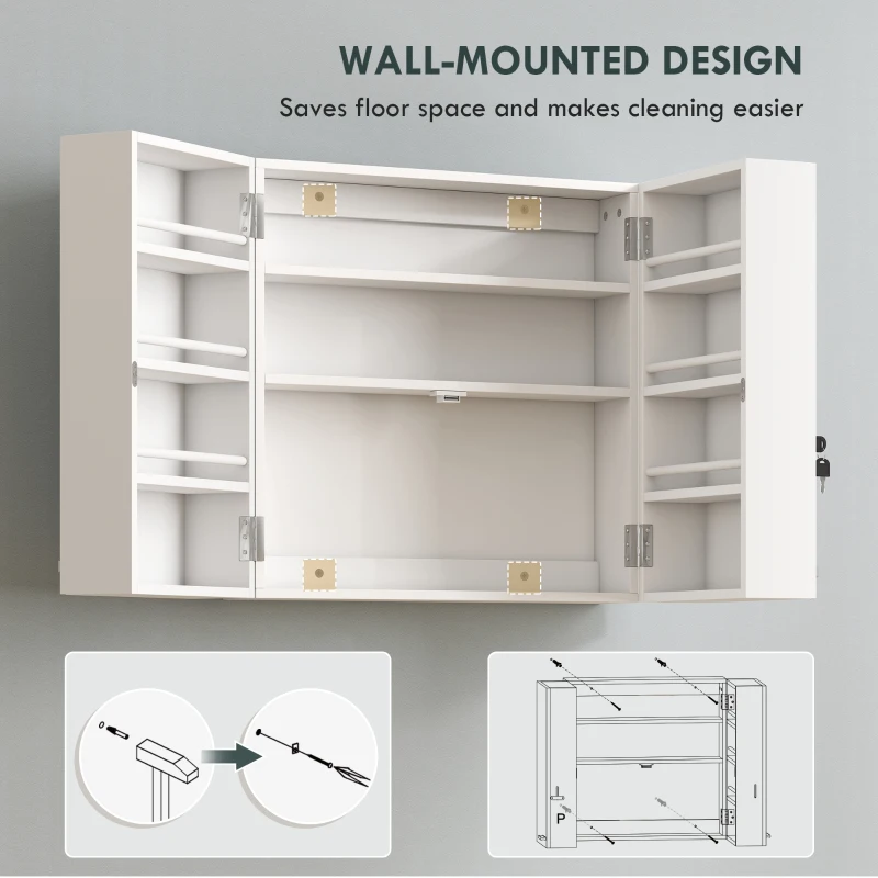 HOMCOM Wall Mount Medicine Cabinet, Bathroom Cabinet with 4 Tier Shelves, Lockable with 2 Keys for Kitchen, White