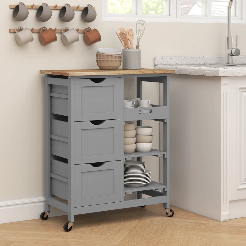 HOMCOM Kitchen Cart on Wheels, Rolling Kitchen Island Cart with Wood Top, 3 Drawers and Shelves for Home Dining Area