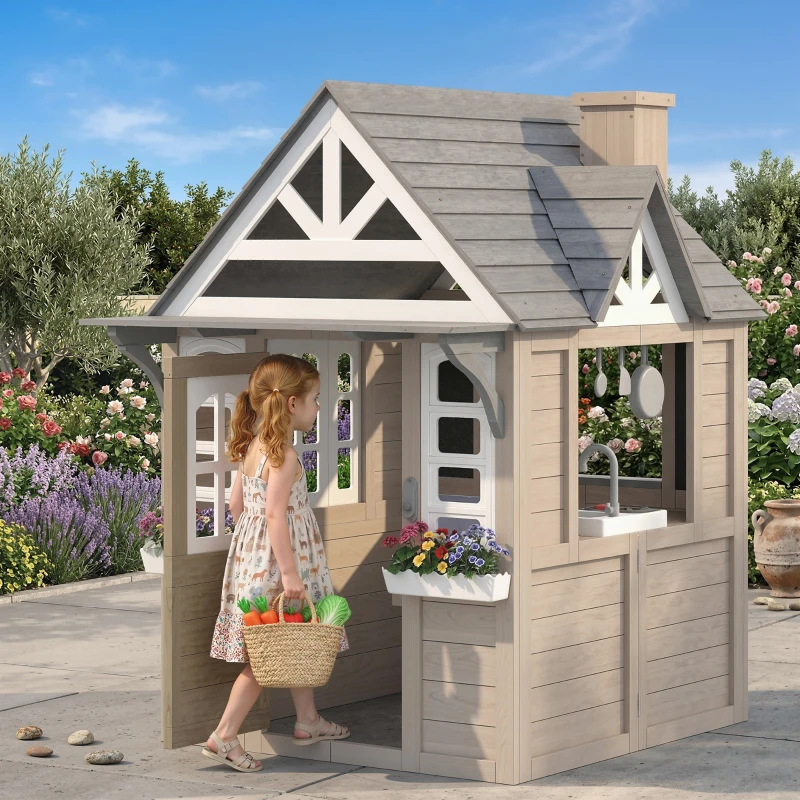 Qaba Outdoor Playhouse, Wooden Kids Playhouse with Dog Door, Cookware, Planter Box, Bell, Blackboard, Clock for Backyard