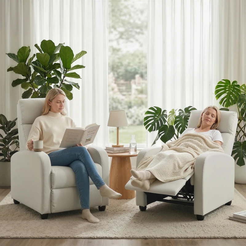 HOMCOM Fabric Recliner Chair Manual Home Theater Seating Single Reclining Sofa Chair with Padded Seat, Cream White