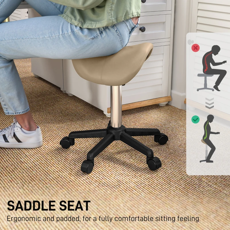 HOMCOM Rolling Salon Stool, PU Leather Swivel Saddle Chair, Adjustable Height Stool with Wheels for Spa, Salon, Office, Brown