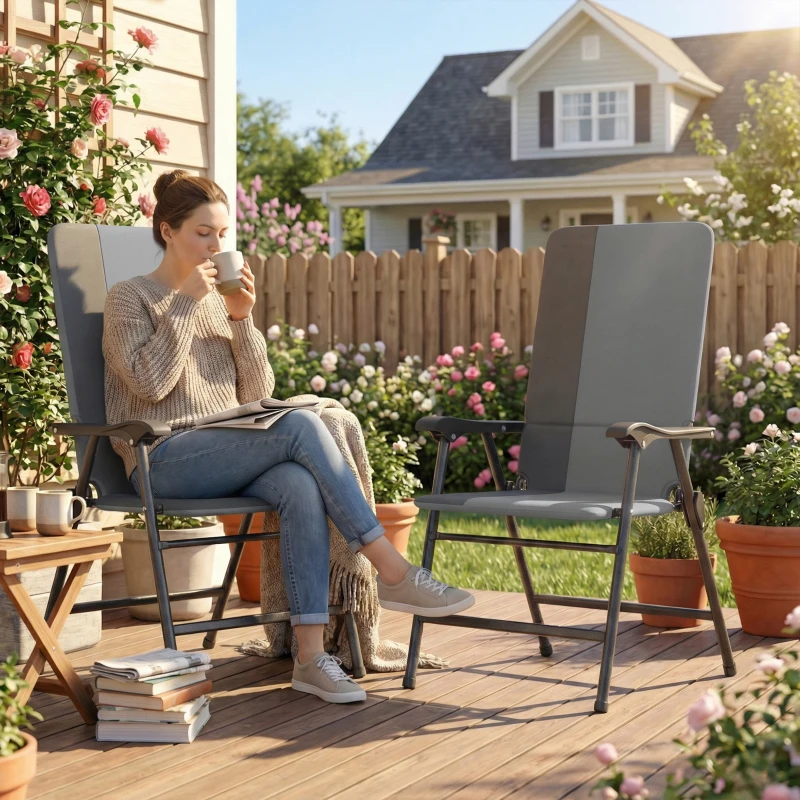 Outsunny Folding Patio Chairs Set of 2, Padded High Back Lawn Camping Chairs with Armrests, 600D Oxford Fabric, Light Gray