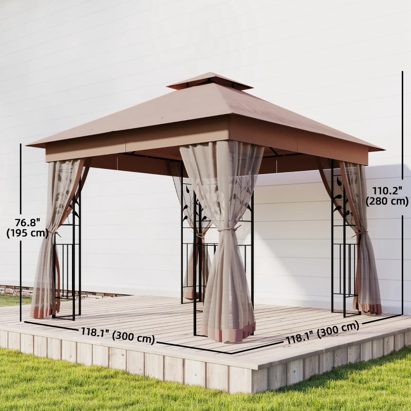 Outsunny 10'x10' Soft-top Steel Patio Gazebo Outdoor Sun Shelter with 2-Tier Polyester Roof, Curtain Sidewalls, Dark Brown