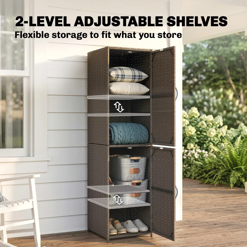 Outsunny Wicker Outdoor Storage Cabinet, 4 Shelf Patio Storage Cabinet with Adjustable Shelves and Magnetic Doors, Brown