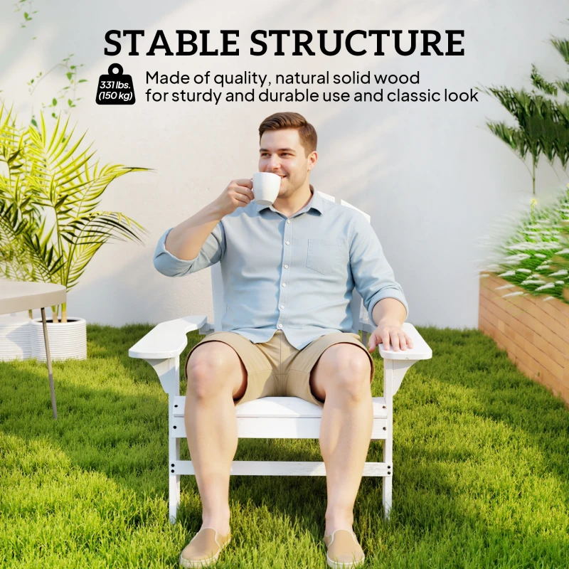 Outsunny Wood Adirondack Chair, Outdoor Patio Muskoka Chair with Slatted Design for Deck, Garden, Backyard, Fire Pit, White