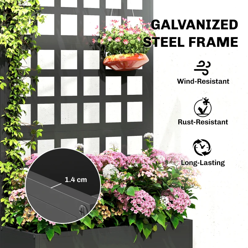Outsunny Galvanized Raised Garden Bed Planter Box with Trellis for Climbing Plants, Vegetable, Vines, 24" x 9" x 44.5", Black
