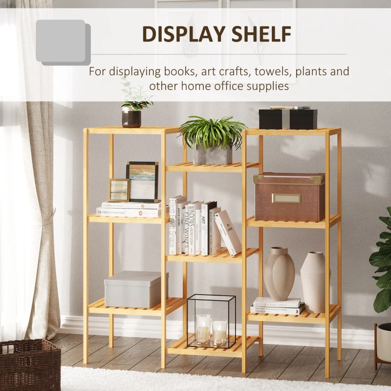 HOMCOM 9-Tier Bamboo Storage Shelf, Plant Stand, Utility Slatted Shelving Unit for Living Room, Balcony, Hallway, Bathroom, Natural