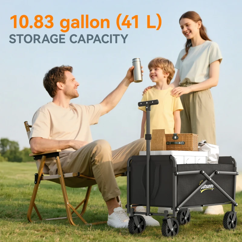 Outsunny Small Collapsible Folding Garden Cart, Heavy Duty Lawn Wagon with Universal Wheels and Adjustable Handle, Black