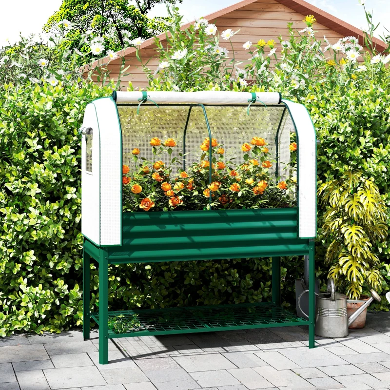 Outsunny Galvanised Raised Garden Bed with Greenhouse Cover, Metal Elevated Garden Bed with Bed Liner, Bottom Shelf, Green