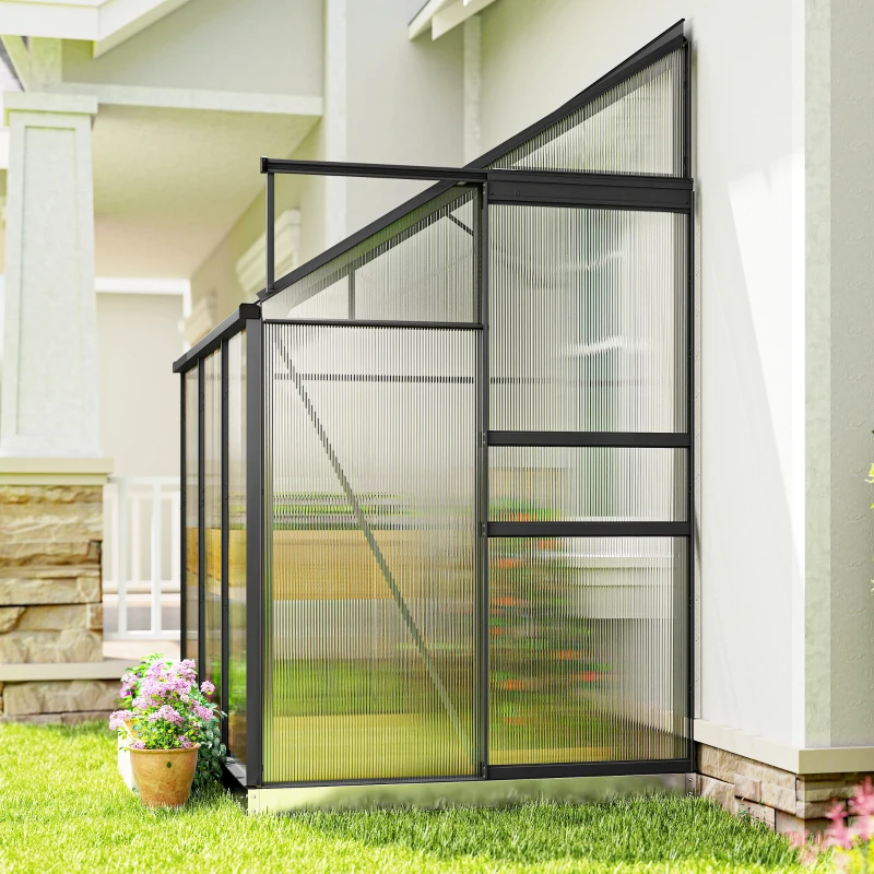 Outsunny Aluminum Lean-to Greenhouse Polycarbonate Walk-in Greenhouse with Rain Gutter and Sliding Door, 6' x 4', Dark Grey