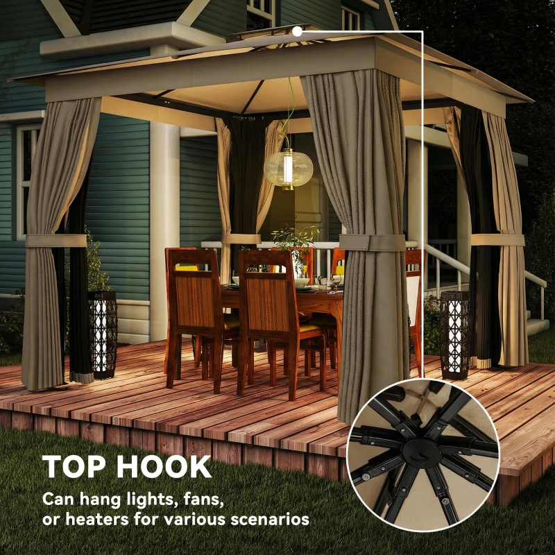 Outsunny 10' x 10' Outdoor Patio Gazebo, Soft Top Gazebo Canopy Shelter with Curtains, Netting, Steel Frame, Hook, Khaki