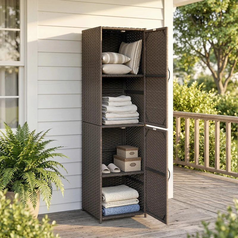 Outsunny Wicker Outdoor Storage Cabinet, 4 Shelf Patio Storage Cabinet with Adjustable Shelves and Magnetic Doors, Brown