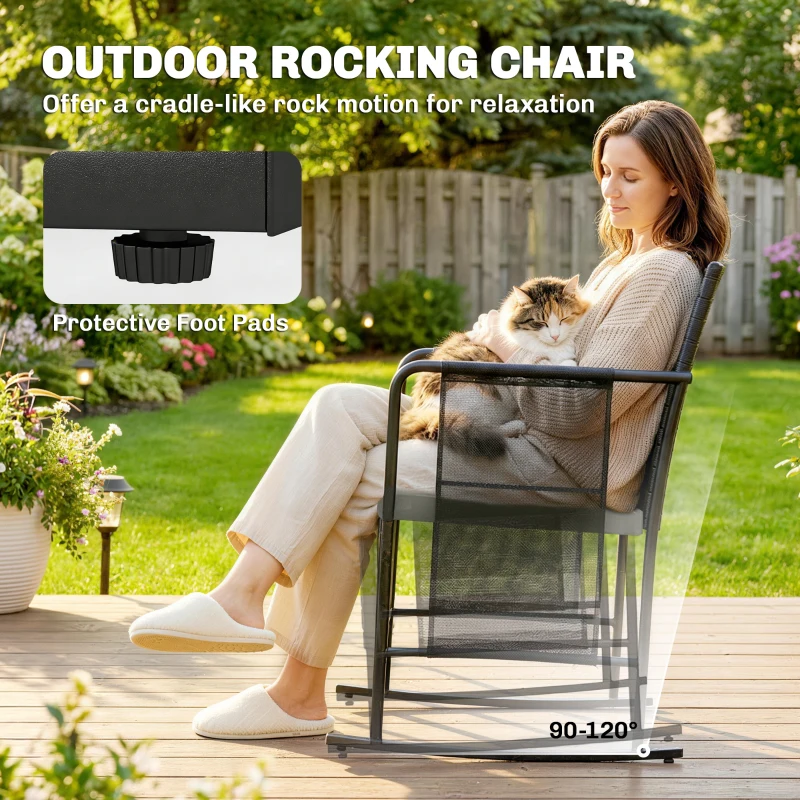 Outsunny 3 Pieces Rocking Bistro Set Outdoor Patio Furniture Set with Side Pockets, Mesh Seat, Cushions, 2-Tier Table, Grey