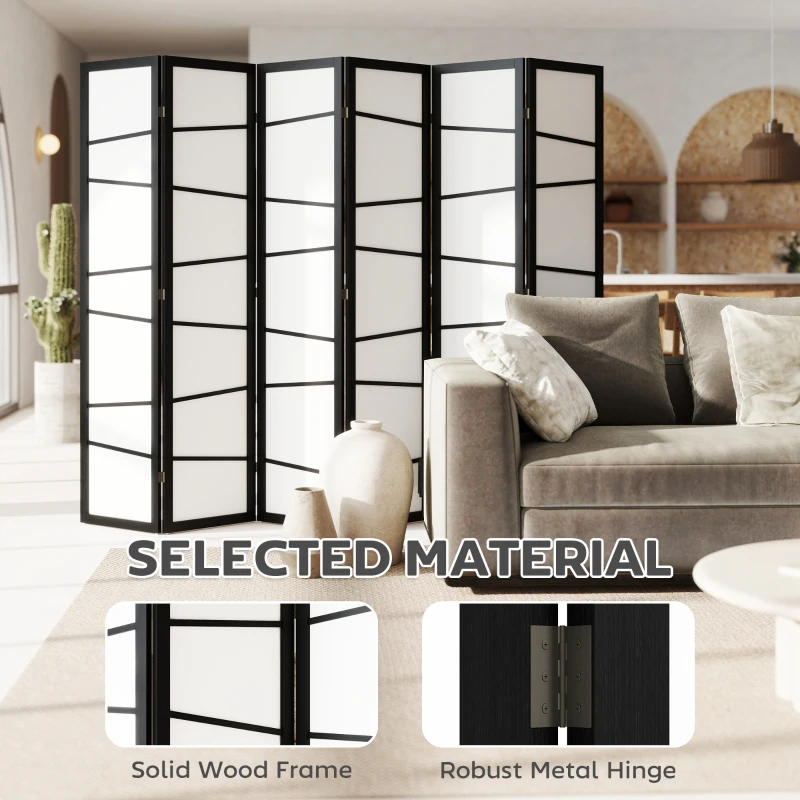 HOMCOM 66.9" Folding Room Divider, 6 Panel Wall Partition with Wood Frame for Bedroom, Home Office, White