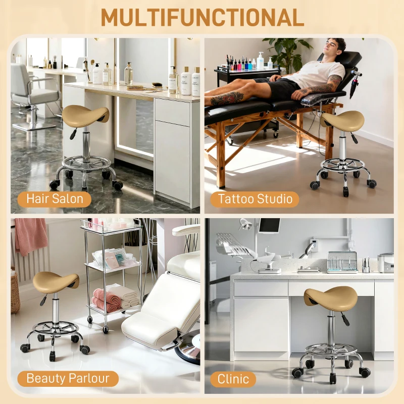 HOMCOM Saddle Stool, PU Leather Adjustable Rolling Salon Chair, Light Brown
