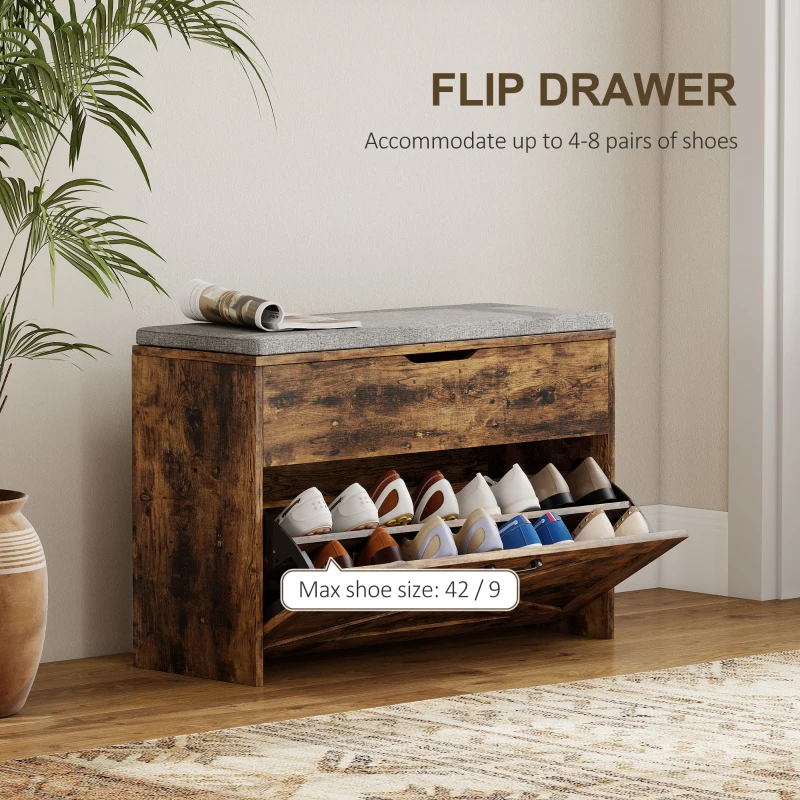 HOMCOM Shoe Storage Bench with Flip Drawer and Lift Top Storage, Entryway Bench with Seat Cushion for Hallway, Rustic Brown